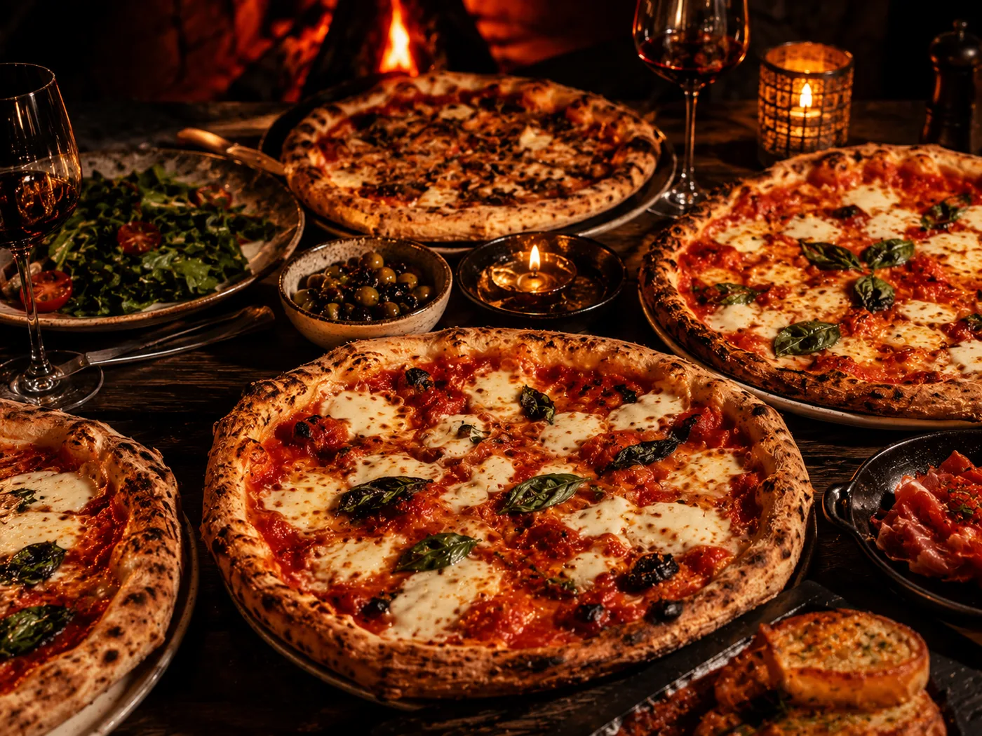 Festlich gedeckter Tisch mit mehreren frisch gebackenen Pizzen bei Kerzenlicht